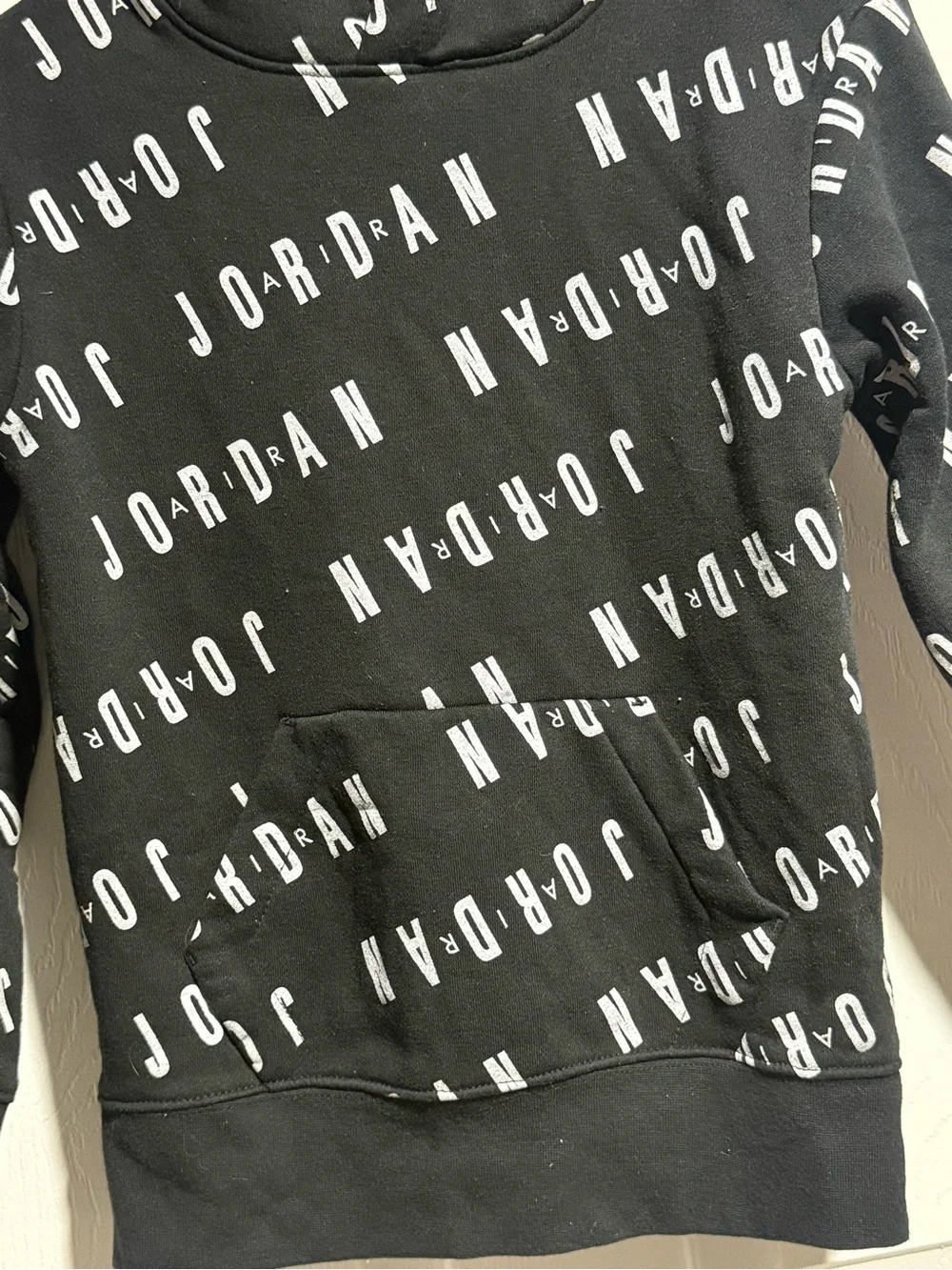 Jordan Boys YS Black Crewneck Hoodie with White Allover Logo